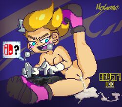 blonde_hair blue_eyes boots breasts controller crown cum cum_in_pussy cum_inside earrings gloves hexanne knockout_city mole mole_under_eye nipples open_mouth pixel_art princess_charm shortstack