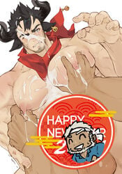 2021 2boys abs animal_ears bara beard black_hair blue_eyes blush censored character_censor chinese_zodiac completely_nude cow_boy cow_ears cow_horns dark-skinned_male dark_skin facial_hair grabbing groping happy_new_year highres horns interracial lactation large_pectorals looking_at_viewer male_focus male_lactation manboobs mature_male multiple_boys muscular muscular_male navel new_year nipple_tweak nipples novelty_censor nude original pectoral_grab pov ren_(rendrrr) short_hair solo_focus stomach stubble testicles yaoi year_of_the_ox