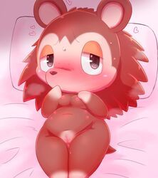 <3_eyes 2021 6_nipples animal_crossing anthro areola badwingm bedding bedding_background bedroom_eyes black_eyes black_pupils blush bodily_fluids breasts breath brown_body brown_ears brown_fur brown_hair brown_nose brown_tail colored countershade_face countershade_feet countershade_hands countershading digital_media_(artwork) eulipotyphlan feet female front_view fur genital_fluids genitals hair heart hedgehog hi_res high-angle_view in_heat iris legs_together light lighting looking_at_viewer lying mammal multi_nipple multicolored_body multicolored_fur narrowed_eyes nintendo nipples nude on_back pillow pink_areola pink_nipples pink_pussy portrait pupils pussy pussy_juice pussy_juice_on_leg round_ears sable_able seductive simple_background small_breasts small_tail snout solo sweat tan_body tan_fur tan_inner_ear thin_eyebrows three-quarter_portrait two_tone_body two_tone_fur video_games white_background