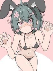 1girls bikini black_bikini blush blush_lines bow breasts cevio collarbone fake_animal_ears female female_only flower green_hair hair_flower hairbow iyowa_girls kimi_(user_vppd4758) kurari-chan_(iyowa) kyu-kurarin_(cevio) micro_bikini mv_character navel paw_pose pink_background pink_bow pink_flower pout rabbit_ears short_hair small_breasts solo solo_female sweat sweatdrop thighs