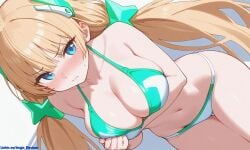 1girls aegis_elysium ai_generated angela_balzac background beach bed big_breasts bikini blonde_hair blue_eyes blush blushing_at_viewer breasts cleavage collarbone day earrings expelled_from_paradise female female_focus gem grabbing grabbing_boobs grabbing_breast grabbing_breasts green_bikini hair_ornament headpiece highres holding holding_boobs holding_breast holding_breasts huge_breasts jewelry large_breasts long_hair looking_at_viewer lying navel outdoors rakuen_tsuihou scenery sky smile solo solo_focus thick_breasts thick_thighs thighs tiara tight_clothing tsundere twintails very_long_hair