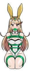 1girls arms_tied_behind_back ball_gag blonde_hair bondage bound bowtie box_tie breasts bunny_ears bunnysuit crotch_rope fake_animal_ears female gag gagged green_ball_gag kneeling large_breasts latex legs_tied leotard long_hair looking_at_viewer mythra nintendo playboy_bunny restrained rope rope_bondage shibari_over_clothes shiny_clothes strapless strapless_leotard tiara tied_up tight_clothing white_leotard wossarem xenoblade_(series) xenoblade_chronicles_2 yellow_eyes
