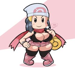 1girls big_breasts blue_eyes blue_hair breasts chibi_dawn dawn_(pokemon) mdjoe nintendo panties pokemon pokemon_bdsp pokemon_dppt scarf shortstack smile solo standing thick_thighs thighs wide_hips