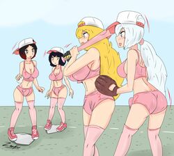 4futas baseball baseball_bat baseball_cap baseball_uniform blake_belladonna breasts bulge clothed clothing erection_under_clothes faunus footwear futa_only futanari handwear headgear human intersex navel pale_skin partially_clothed penis ruby_rose rwby standing team_rwby weiss_schnee yang_xiao_long zronku