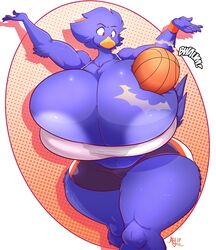 2017 absurd_res anthro areola avian basketball beak big_breasts bird black_feathers breasts busty_bird cleavage clothed clothing corvid corvus_(genus) crow feathers female female_focus female_only hi_res huge_breasts hyper hyper_breasts jaeh non-mammal_breasts original original_character red_eyes solo thick_thighs thighs wide_hips yellow_beak