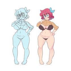 big_breasts blue_eyes bra breasts chubby chubby_female cute dee earrings feet female female_only glasses hair_ribbon nipples_visible_through_clothing panties pussy red_hair sabling smiling sweater sweater_lift thick_eyebrows underwear