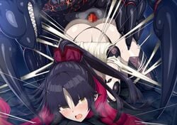 1girls arms_behind_back ass bangs bare_shoulders black_hair blush breasts bug censored fate/grand_order fate_(series) female horosuke_(toot08) joints katou_danzou_(fate) long_hair looking_at_viewer mechanical_arms monster mosaic_censoring open_mouth parted_bangs penis ponytail red_scarf restrained robot_joints scarf sex silk spider spider_web straight teeth thighs top-down_bottom-up yellow_eyes