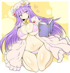 1girls barefoot big_thighs book bra breasts curvy curvy_female curvy_figure female female_focus female_only grimoire holding holding_book holding_object large_breasts long_hair looking_to_the_side micro_bikini ned_female on_knees panties patchouli_knowledge purple_eyes purple_hair solo solo_female solo_focus thighs touhou undressing very_long_hair wedge witch youkai