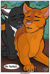 bodily_fluids colored comic domestic_cat duo english_text felid feline felis feral hi_res jake_(warriors) male male/male mammal outside purring saliva shaded talltail_(warriors_cats) text thathornycat warriors_(cats)