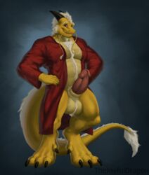 absurd_res animal_genitalia anthro aurameer balls beard clothing coat dragon facial_hair father feet genitals hi_res male male_focus male_only muscular muscular_anthro muscular_male nipples parent paws penis sheath slightly_chubby solo thejoyfuldragon topwear whiskers