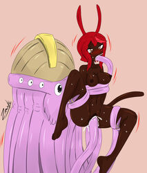 antennae_(anatomy) blush breasts dark-skinned_female fairies_vs_tentacles medium_breasts multi_eye nihallaks_(species) nipples nude nude_female original_character red_hair sweat tail vaginal vaginal_penetration zronku