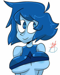 alternate_breast_size areola_slip areolae artist_signature bare_shoulders blue_clothing blue_eyes blue_hair blue_skin clothes_lift crop_top crop_top_lift heart-shaped_pupils lapis_lazuli_(steven_universe) looking_away maimaniju_(artist) midriff smile steven_universe teasing underboob upper_body