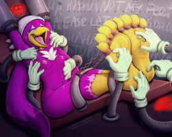 aliscik anthro avian bird breasts closed_eyes feet female fingers foot_fetish foot_focus hair humanoid_feet laugh laughing machine nipples nude open_mouth open_smile purple_body purple_hair saliva smile sonic_(series) swallow_(bird) tears tickle_torture tickling tickling_armpits tickling_feet wave_the_swallow yellow_feet