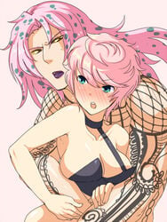 1boy 1boy1girl 1girls ambiguous/ambiguous blush bra breasts choker cleavage daughter diavolo embarrassed father father_and_daughter female fishnet_shirt fishnets grabbing green_eyes incest jojo's_bizarre_adventure larger_male lipstick long_hair long_hair_male male muscular_male offscreen_fingering offscreen_sex open_mouth pink_hair pink_hair_female pink_hair_male purple_lips purple_lipstick shocked sideboob size_difference straight tattoo trish_una vento_aureo