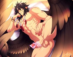 1boy abs ass_visible_through_thighs bar_censor bara black_hair censored completely_nude crescentia elbow_rest erection feather_necklace feathered_wings fire_emblem fire_emblem:_radiant_dawn large_pectorals looking_at_viewer lying male_focus male_only medium_hair muscular muscular_male navel nipples nude on_bed on_side penis pointy_ears sidelocks smug solo solo_male spread_legs spread_wings stomach thick_thighs thighs tibarn_(fire_emblem) wings yellow_eyes