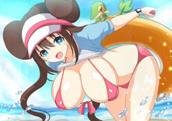 1girls ambiguous_gender beach big_breasts bikini blue_eyes brown_hair double_bun eye_contact huge_breasts kurowana large_breasts looking_at_viewer nintendo pokemon pokemon_(species) pokemon_bw pokemon_bw2 rosa_(pokemon) shirt_lift snivy thick_thighs thighs twintails