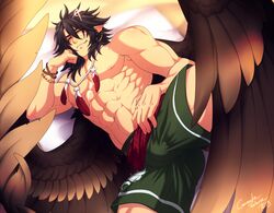 1boy abs ass_visible_through_thighs bara black_hair bulge crescentia elbow_rest feather_necklace feathered_wings fire_emblem fire_emblem:_radiant_dawn green_shorts large_pectorals looking_at_viewer lying male_focus male_only medium_hair muscular muscular_male navel nintendo nipples on_bed on_side pointy_ears shirtless shorts sidelocks smug solo solo_male spread_legs spread_wings stomach thick_thighs thighs tibarn_(fire_emblem) wings yellow_eyes