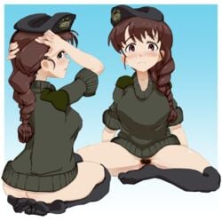 1girls beret big_ass black_socks brown_eyes brown_hair embarrassed girls_und_panzer partially_clothed pubic_hair rukuriri socks sweater thigh_socks thighhighs toorops