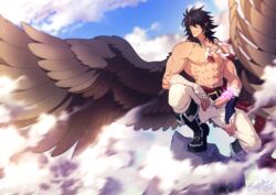 1boy abs bara black_hair censored cloud cloudy_sky crescentia erection feather_necklace feathered_wings fire_emblem fire_emblem:_radiant_dawn full_body large_pectorals leather leather_pants looking_to_the_side male_focus male_only medium_hair muscular muscular_male navel nipples open_pants pants penis pointy_ears shirtless sidelocks sky solo solo_male sparkle spread_wings squatting stomach tibarn_(fire_emblem) veins veiny_penis white_pants wings yellow_eyes