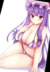 1girls alternate_costume arm_support bikini blush bow breasts cleavage ebi_193 female front-tie_top hairbow hat large_breasts looking_at_viewer navel patchouli_knowledge simple_background smile solo striped striped_bikini swimsuit touhou