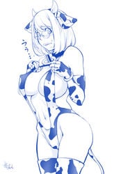 blush cow_girl cow_girl_outfit cow_print drawn glasses huge_breasts kaya_izumi konkitto milf monochrome