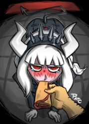 1boy 1girls 2020 blush clothed clothing demon demon_girl female food formal gloves goat_lucifer_(helltaker) helltaker horn looking_at_viewer lucifer_(helltaker) male pancake patosky simulated_fellatio tail white_gloves white_hair