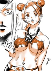 belly breasts butterfly crop_top damaged_clothes embarrassed female_focus fingernails hair_bun jojo's_bizarre_adventure jolyne_kujo midriff monochrome narciso_anasui nosebleed open_mouth orange_theme revealing_clothes sketch stone_ocean torn_clothes underboob upper_body wide_eyed