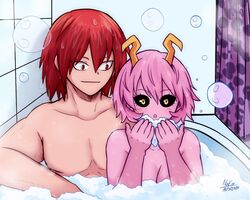 1boy 1boy1girl 1girls alternate_hairstyle bathing bathroom bathtub black_sclera blackhaiper cute eijirou_kirishima fanon_couple female horns kirimina male male/female mina_ashido mixed_bathing my_hero_academia naem nude pink_hair pink_skin red_hair romantic sensual shounen_jump suggestive sweet wholesome