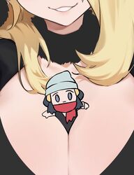 2girls :3 between_breasts big_breasts blonde_hair breasts chibi cleavage clothed clothing cynthia_(pokemon) dawn_(pokemon) fur_collar giantess jtveemo large_breasts nintendo pokemon pokemon_bdsp