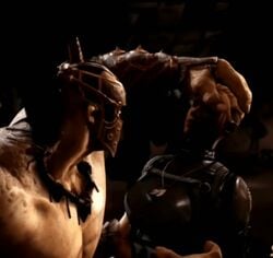 1boy 1girls 3d animated animated_gif battle_suit breasts cassie_cage gif goro human imminent_death mortal_kombat mortal_kombat_x netherrealm_studios no_eyewear shokan