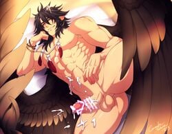 1boy abs ass_visible_through_thighs bar_censor bara black_hair censored completely_nude crescentia cum cum_on_stomach elbow_rest erection feather_necklace feathered_wings fire_emblem fire_emblem:_radiant_dawn large_pectorals looking_at_viewer lying male_focus male_only medium_hair muscular muscular_male navel nipples nude on_bed on_side pointy_ears sidelocks smug solo solo_male spread_legs spread_wings stomach thick_thighs thighs tibarn_(fire_emblem) wings yellow_eyes