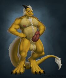 absurd_res animal_genitalia anthro aurameer balls beard dragon facial_hair father feet genitals hi_res male male_focus male_only muscular muscular_anthro muscular_male nipples parent paws penis sheath slightly_chubby solo thejoyfuldragon whiskers