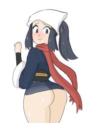 1girls akari_(pokemon) ass blue_eyes blue_hair blush bottomless female female_protagonist long_hair looking_back nintendo pokemon pokemon_legends:_arceus protoscene scarf solo sweat thick_thighs thighs white_background