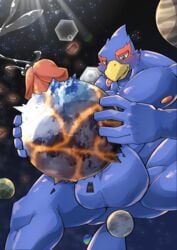 2021 absurd_res anthro avian balls bird blue_body bodily_fluids destruction falco_lombardi genital_fluids genitals hi_res macro male male_only muscular muscular_anthro muscular_male nintendo penetration penis planet planet_penetration precum sharkinn space star star_fox tongue tongue_out video_games