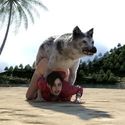 1animal 1girls 3d ambiguous_penetration beach bestiality claire_redfield doggy_style female hands_on_floor interspecies jacket_only large_hips mouth_open nature palm_tree red_jacket resident_evil sand the8bitter tongue tongue_out trees wolf wristband zoophilia