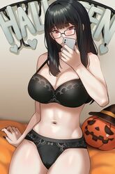 arm_support bangs bed_sheet black-framed_eyewear black_gloves black_hair black_legwear black_nails blunt_bangs bow bow_panties breasts cellphone cleavage cosplay crop_top dated_commentary elbow_gloves eyebrows_visible_through_hair female glasses gloves halloween hat holding holding_phone kkamja long_hair maebari nail_polish navel original phone pumpkin red_eyes reina_(kkamja) revealing_clothes selfie sidelocks sitting smartphone stomach thighhighs thighs