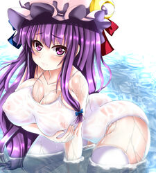 1girls breasts covered_nipples crescent ebi_193 female hat large_breasts long_hair one-piece_swimsuit patchouli_knowledge purple_eyes purple_hair solo swimsuit thighhighs touhou water wet wet_clothes wet_swimsuit white_legwear white_swimsuit