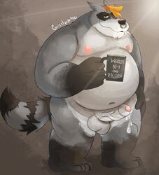 2021 anthro balls belly bodily_fluids cup erection fur genital_fluids genitals grey_body grey_fur grizzlyear34 hi_res male mammal moobs navel nipples overweight overweight_anthro overweight_male penis precum procyonid raccoon solo