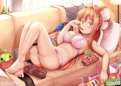 1girls ass aster-effect big_breasts bra breasts brown_hair candy couch doki_doki_literature_club eating feet female female_only food foot_fetish green_eyes horny looking_at_viewer lying lying_on_back medium_breasts monika_(doki_doki_literature_club) panties pink_bra pink_panties ponytail ribbon thick_thighs thighs white_ribbon