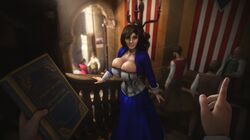 3d 3d_(artwork) areola_slip areolae banskinator bioshock bioshock_infinite blue_eyes breasts brown_hair bustier cleavage clothed elizabeth_comstock female huge_breasts nipple_peek public smile urbanator