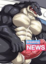 abs anthro balls biceps black_body censored crocodile crocodilian crocodylid genitals gunso_p hi_res looking_down male muscular muscular_anthro muscular_male nude pecs penis reptile scales scalie solo teeth