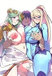 1boy 2girls angry animated blonde_hair blush bodysuit breast_grab breast_squeeze breasts breasts_out busty censored double_breast_grab dress faceless_male green_hair groping groping_breasts huge_breasts kid_icarus loop looping_animation metroid nintendo nipples no_panties no_sound palutena playing_with_breasts ponytail s_doubt90 samus_aran shorter_than_10_seconds shorter_than_30_seconds super_smash_bros. video zero_suit zero_suit_samus