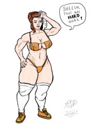 1girls 2021 2d a.i.p big_breasts big_thighs bikini breasts brigitte brown_hair feet female female_only full_body hair_bun hands long_socks muscles overwatch pink_skin pinup pose shoes skin solo square_bikini sweat thick_thighs thighs thong towel