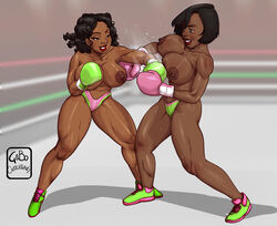 2girls areola areolae black_hair boxer boxing boxing_gloves boxing_match boxing_ring breasts brown_body brown_skin busty catfight commission dark-skinned_female dark_areola dark_skin fight fighter fighting foxy_boxing gabocaricaturas gloves jean_(oc) larque_blythe legs light_green_boxing_gloves light_green_gloves light_green_panties lips lipstick multiple_girls nipples original original_character original_characters panties partially_clothed pink_boxing_gloves pink_gloves pink_panties shoes thick thick_hips thick_thighs thighs topless topless_boxing topless_female voluptuous wide_hips