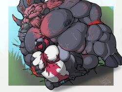 absurd_res anthro balls bodily_fluids bovid caprine chubby_male claws drooling duo genitals giant_panda grass hi_res league_of_legends male male/male mammal moob_grab moobs ornn penis plant saliva soulasexypanda squeezing sweat ursid