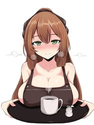 1girls apron blushing blushing_at_viewer brown_hair coffee female girls'_frontline green_eyes iced_latte_with_breast_milk kumasteam lactation large_breasts light-skinned_female light_skin serving solo solo_female springfield_(girls'_frontline)