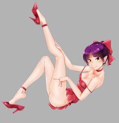 bangs bare_shoulders breasts cat_girl choker cleavage ganari_ryuu gegege_no_kitarou hair_bun hairbow high_heels humanoid leaning_back leg_up medium_breasts nekomusume pointed_ears pointy_ears purple_hair red_bow red_dress shoe_dangle short_hair slit_pupils strap_slip yellow_eyes yokai