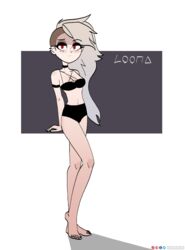 1girls bikini black_nail_polish female goth helluva_boss human human_loona humanized kt-draws loona_(helluva_boss) red_eyes sidecut simple_background solo tagme vivienne_medrano white_hair