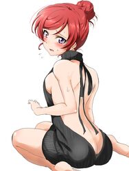 ass ass_cleavage backless_outfit bare_back black_dress blush butt_crack embarrassed female hair_bun hair_up looking_at_viewer looking_back love_live! love_live!_school_idol_project medium_breasts naked_sweater nishikino_maki purple_eyes red_hair shogo_(4274732) sideboob sitting solo sweat sweater sweater_dress virgin_killer_sweater white_background