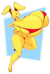 anthro bloobiesus bra bunny cleavage full_body furry hyper_breasts large_breasts poster_bun_bun red_bra tall yellow_fur